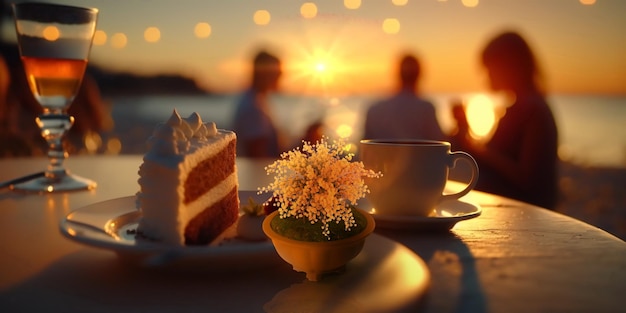 romantic sunset beach caffee ,cup of coffee ,sweet cake and flowers on table ,romantic couple