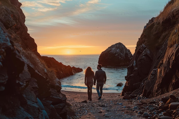 Romantic Sunset Beach Walk Young Couple Rocky Shoreline