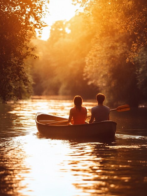 Photo romantic sunset canoeing couple on serene lake with golden reflections