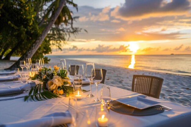 Photo romantic sunset dinner setup on a maldivian beach