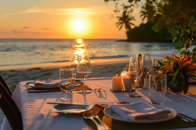 Photo romantic sunset dinner setup on a maldivian beach