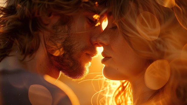 Photo romantic sunset kiss intimate closeup of affectionate young couple embracing in dreamy sunset light