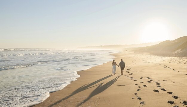 Photo romantic sunset walk newlyweds holding hands on beach at dusk silhouetted against vast ocean view