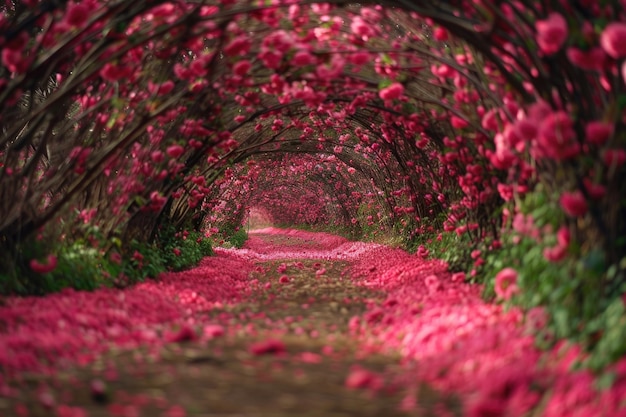 Photo romantic tunnel of pink flower trees