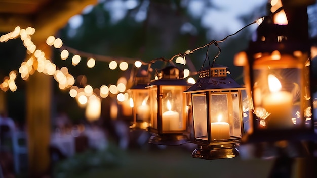 Romantic Twilight Wedding with String Lights and Lanterns