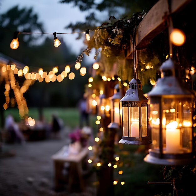 Romantic Twilight Wedding with String Lights and Lanterns