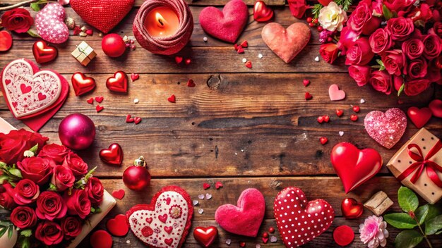 Romantic Valentine39s Day background with red roses hearts and a burning candle on a rustic wooden table