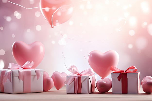 Romantic valentines day background with floating hearts and pink gifts by generative ai