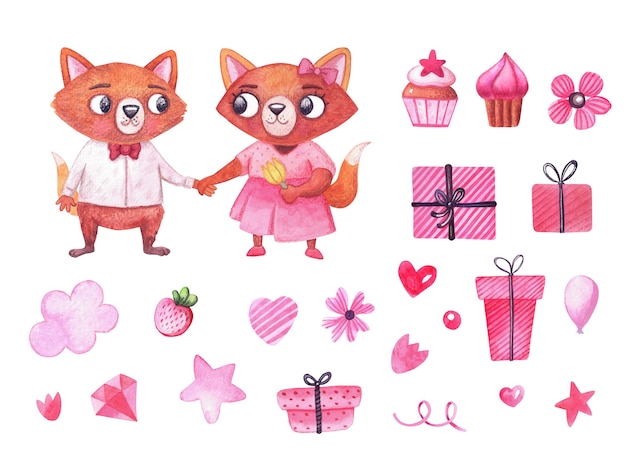 Romantic valentines day set made in watercolor technique. Lovely watercolor illustration with sweet foxes characters. Bright couple isolated design