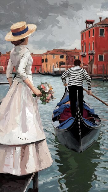 Photo romantic venetian canals artwork in painting style