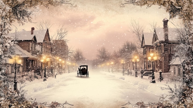 Photo a romantic victorian street scene with falling snow vintage lamp posts and a horsedrawn carriage for a new years postcard