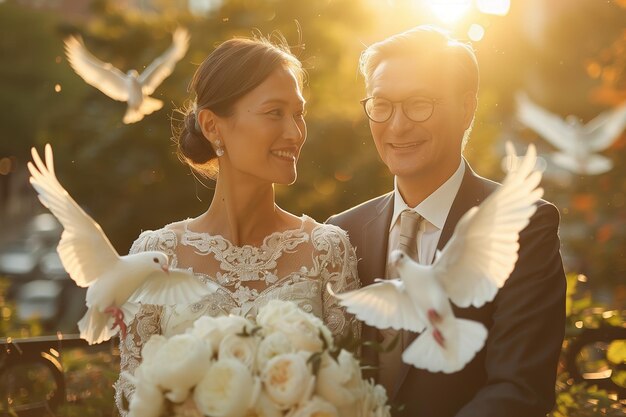 Photo romantic wedding ceremony at sunset with doves and beautiful floral bouquet