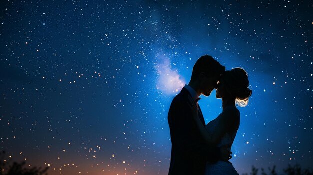 Romantic Wedding Couple Kissing Under Starlit Sky