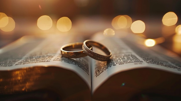 Photo romantic wedding rings on bible image for love and marriage