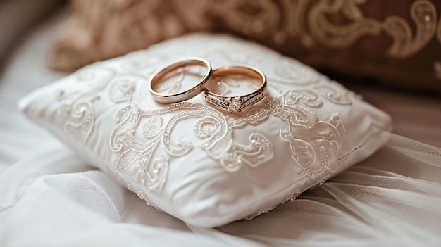 Photo romantic wedding rings on pillow bed image