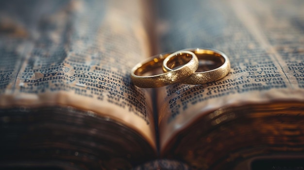 Photo romantic wedding rings symbolically resting on bible