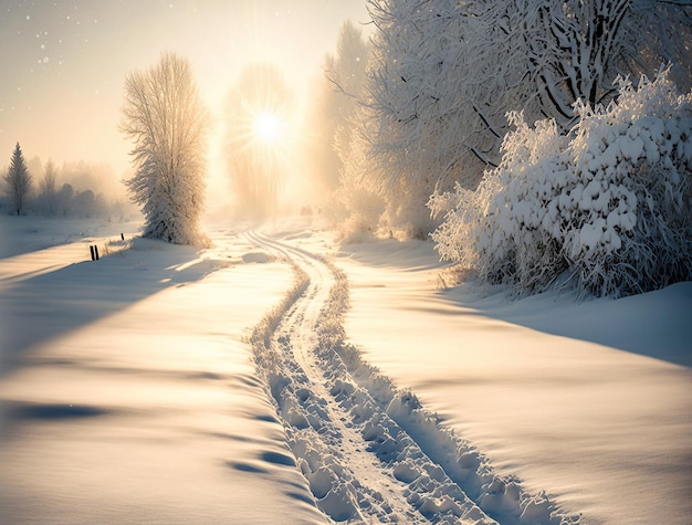 Romantic white snowy path in a winter landscape illuminated by the morning sun created by generative AI