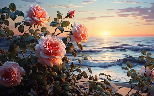 Romantic Wild Flowers Pink Roses Bush on Sea Generative AI