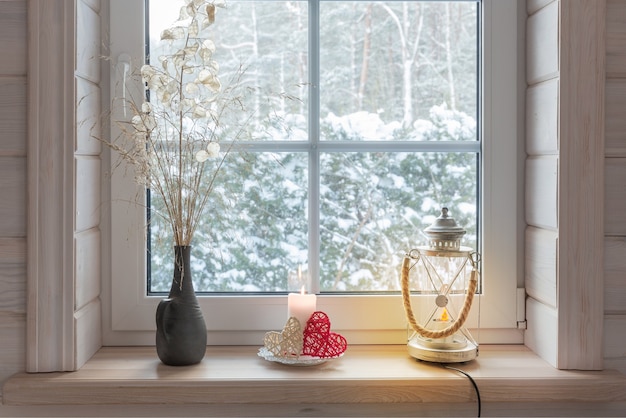 Romantic window  overlooking the winter garden Christmas concept