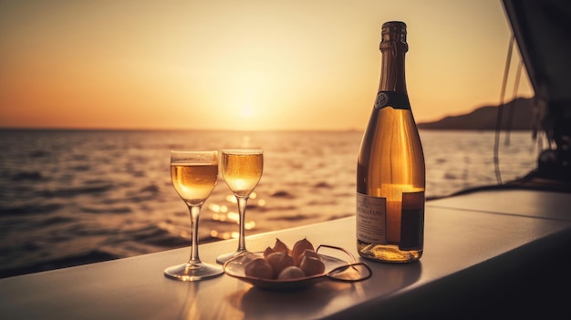 Romantic wine on yacht Illustration AI Generative