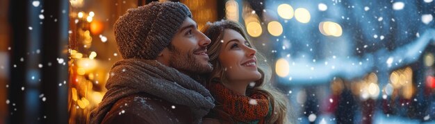 Photo romantic winter holiday shopping couple admiring store windows in festive snowy street setting with space for text