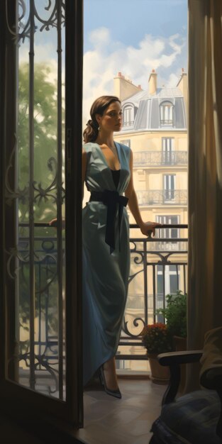 Photo romantic woman in blue dress a caillebotteinspired illustration