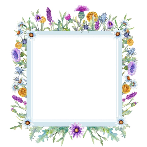 Romantic wreath Think happy Business card templates Wildflowers in watercolor Frame