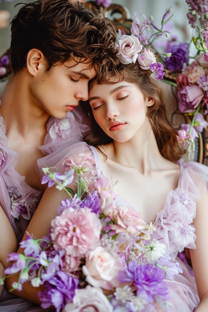 Romantic Young Couple Embracing in a Dreamy Floral Setting with Soft Pastel Tones