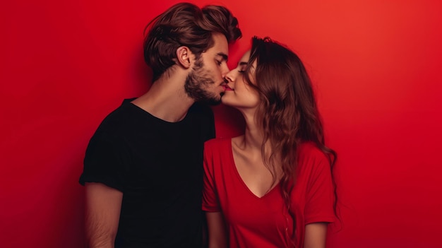 Romantic Young Couple Embracing and Kissing on Vibrant Red Background