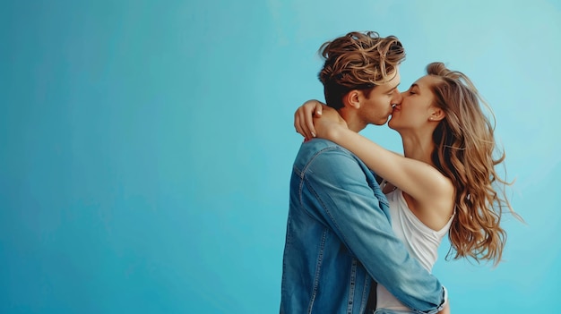 Romantic Young Couple Kissing on Blue Isolated Background