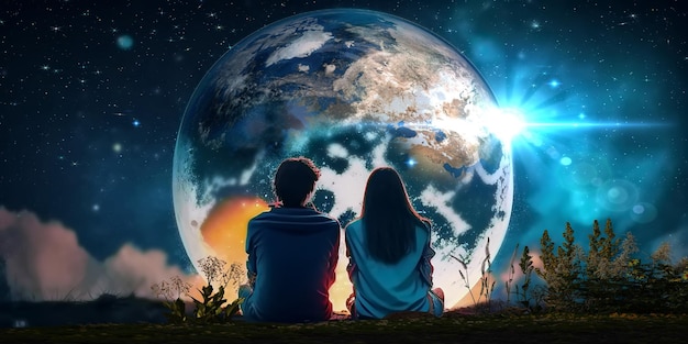 romantic young couple man and woman sit on rock at night sea watching starry sky and big moon