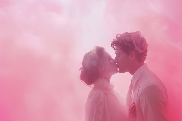 Photo romantic young couple sharing a kiss in a dreamy pink haze generative ai