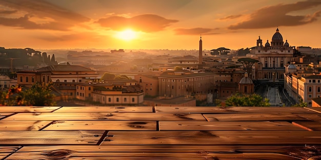 Rome background with blur effect empty wooden table top perfect for product display Concept Rome Background Blur Effect Wooden Tabletop Product Display Photo Shoot