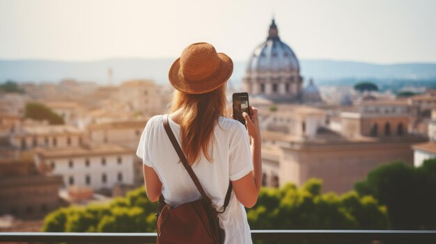 Rome Europe Italy travel summer tourism holiday vacation background Young smiling girl with mobile phone camera