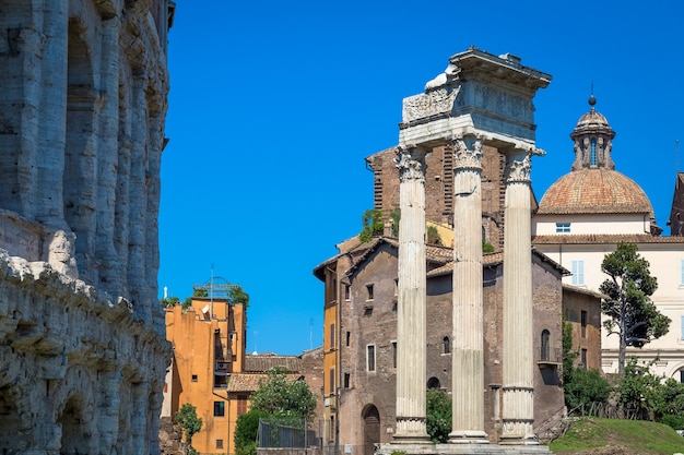 ROME, ITALY - CIRCA AUGUST 2020: ancient exterior of Teatro Macello (Theater of Marcellus) located very close to Colosseum.