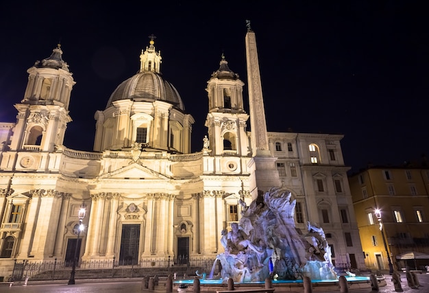 ROME, ITALY - CIRCA AUGUST 2020: Piazza Navona (Navona's Square) with the famous Bernini fountain by night.