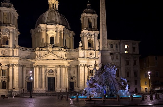 ROME, ITALY - CIRCA AUGUST 2020: Piazza Navona (Navona's Square) with the famous Bernini fountain by night.