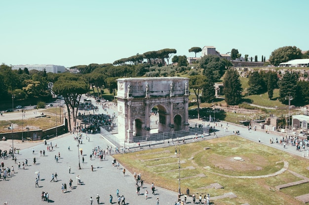 Rome, Italy - June 20, 2018: Triumphal Arch of Constantine in Rome, situated between the Colosseum and the Palatine Hill