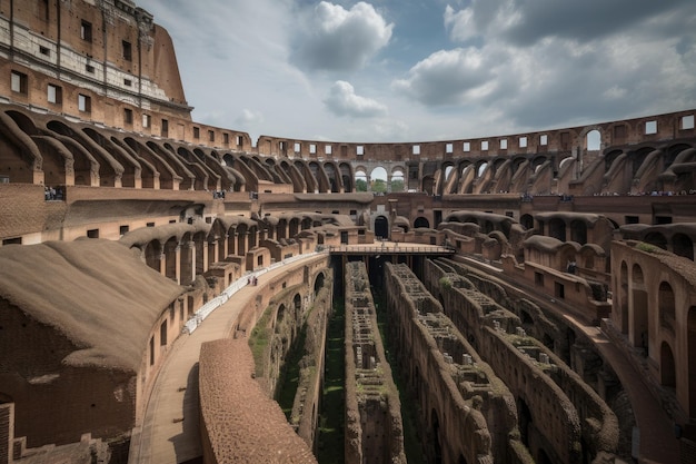 Rome's Colosseum at dusk among ruins and tourists generative IA