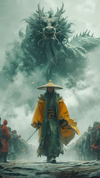 A ronin walking and a giant dragon behind him