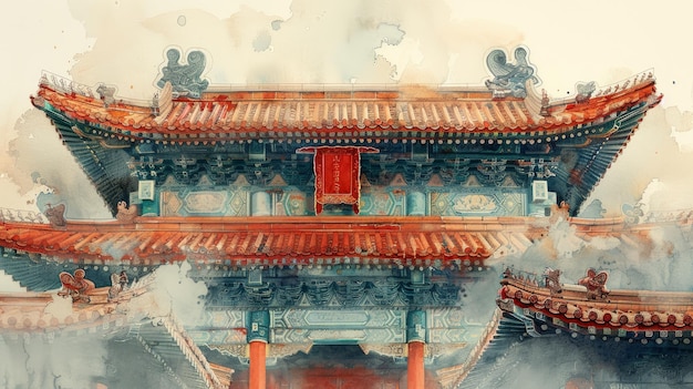 Photo roof of a chinese ancient buildingviewed from aboveoverhead perspective watercolor style