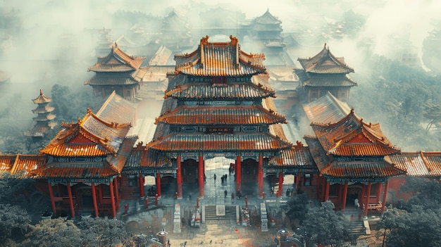 roof of a Chinese ancient buildingviewed from aboveOverhead perspective Watercolor style