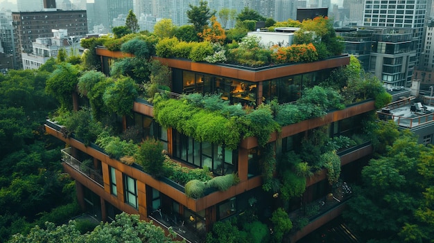 Roof garden view of tall buildings in the big city and green roof garden