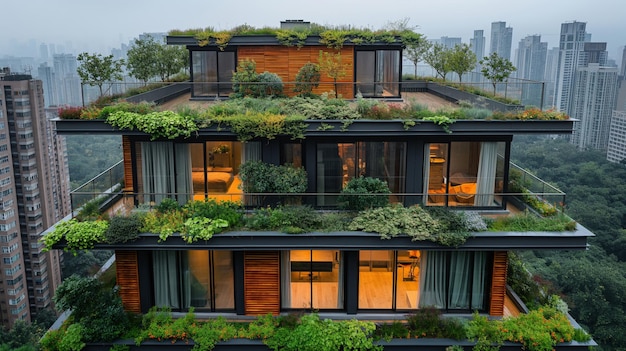 Roof garden view of tall buildings in the big city and green roof garden