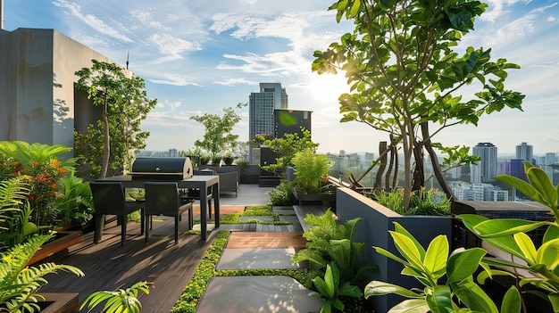 Roof garden with panoramic city views and barbecue Greenery exterior ecofriendly plants fresh air relaxation landscape skyscrapers Advertising image concept for hotels Generative by AI