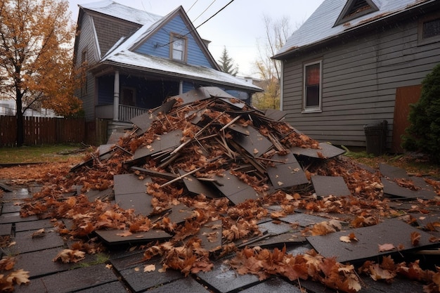 Roof shingles scattered on the ground poststorm created with generative ai