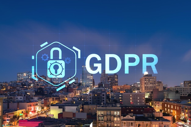 Roof top panoramic city view of San Francisco at night time midtown skyline California United States GDPR hologram concept of data protection regulation and privacy for all individuals