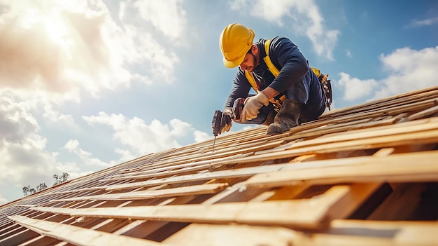 Roof Worker Building Wooden House Structure