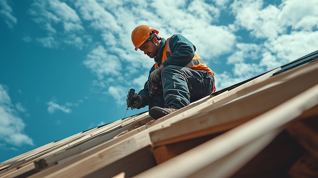 Roof Worker Building Wooden House Structure