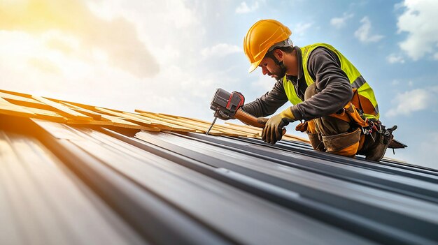 Roof Worker Building Wooden House Structure